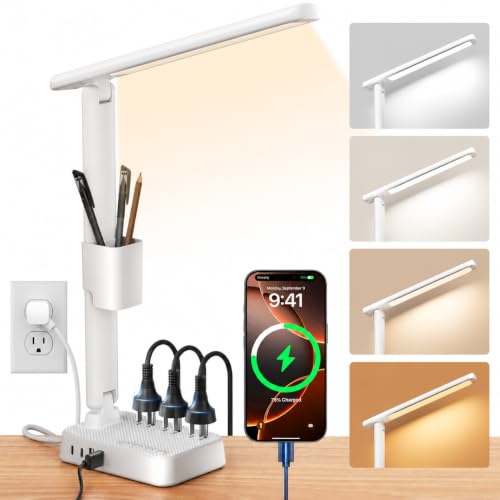LED Desk Lamp with Power Strip, 3 AC Outlets, 4 USB Ports, Stepless Dimming