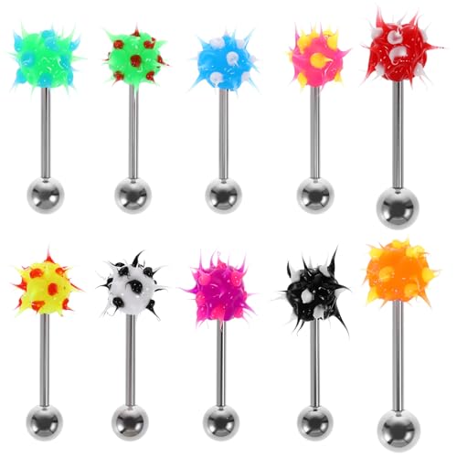 JOINPAYA Lot de 10 Piercings de Langue en Acier Chirurgical, Bijoux de Langue avec Boule Souple à Picots Hérisson, Barre de Multicolore 1,6mm (14G), Couleurs...