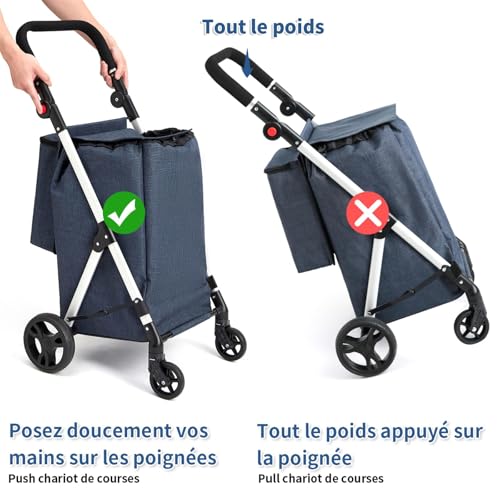 LEUYA ABC Einkaufstrolley, 46 l, Einkaufstrolley, 4 Räder, mit Kühltasche, verstellbare Griffe, Einkaufstrolley, faltbar, leicht, aus Aluminium (blau) – Bild 4