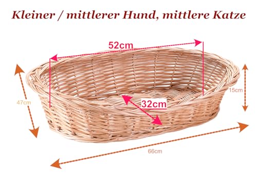 Wiklinowy Świat - Katzenbett Weidenkorb Hundebett, Weidenbett für Haustiere - Natürlich warm, atmungsaktiv und stilvoll - Verschiedene Größen 66x47x15cm - helles cremefarbenes Kissen