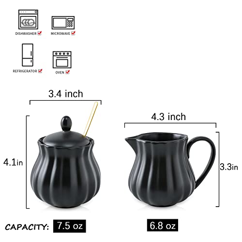 Selamica Ceramic Sugar And Creamer Set, 7.5 Oz Sugar Bowl With Lid Spoon, Tea Or Coffee Serving Set With Cream Pitcher, Dishwasher Safe, Gift, Set Of 3, Matte Black #TOP1