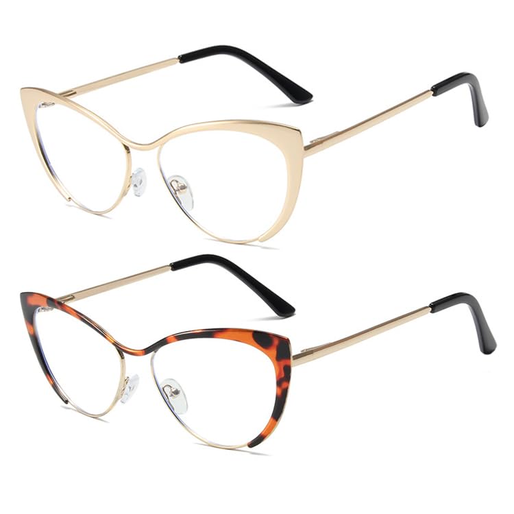 Image of 2Pack Cat Eye Reading Glasses For Women Metal Frame Blue Light Blocking Computer Readers (gold /leopard, 2, multiplier x)