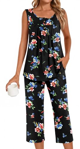 Image of Bestbee Women's Sleeveless Pajama Sets 2 Piece Sleepwear Summer Lounge Outfits Henley Tanks Capri Pants Ladies Pjs