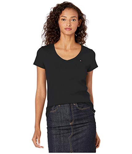 Tommy Hilfiger Women s Short Sleeve V-Neck T-Shirt (Standard and Plus Size), Deep Black, Small