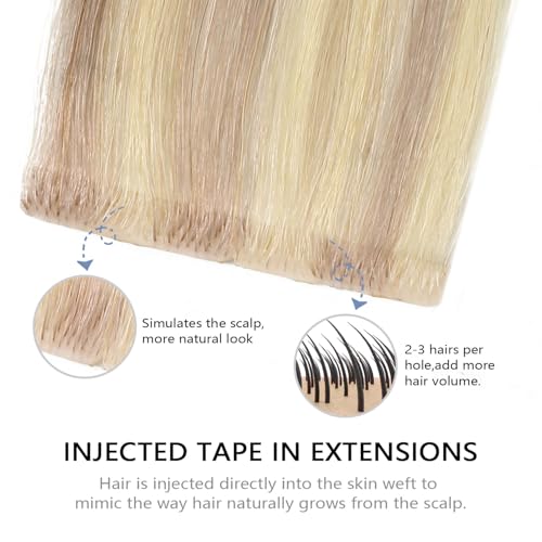 Image of COOKAYU Invisible Tape in Hair, Ash Blonde and Platinum Blonde Seamless Injected Tape in Human Hair Extensions 20pcs /pack 20Inch 45g Invisi Edge Extensions