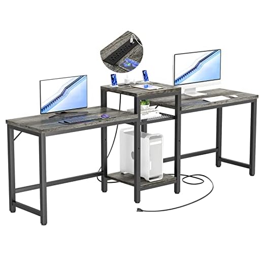 Unikito 2 Person Desk, Double Computer Desk with Power Outlets and Storage Shelves, Modern Computer Desk with Printer Stand, Extra Long Large Workstation for Home Office, Couple Gaming Desk, Black Oak
