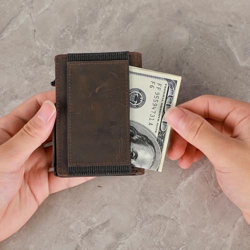Image of Minimalist Pop Up Wallet for Men | RFID Blocking Credit Card Holder Wallet with Money Clip | Mens Wallet Slim Bifold Front Pocket Metal Case with Gift Box, Dark Brown, Minimalist