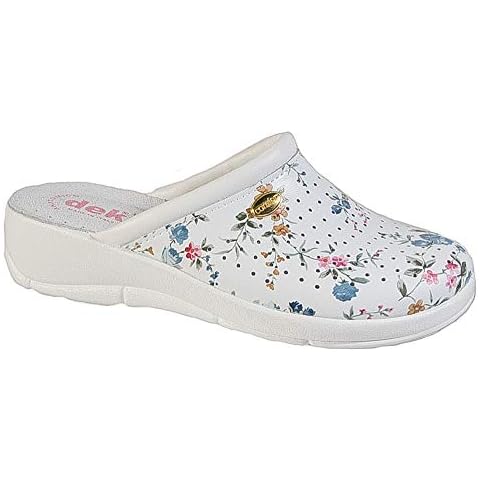 D.E.K Womens Ladies Mule Clogs Floral White Leather Coated Slip On Cover