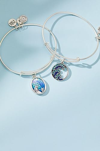 Alex and Ani Wave Charm Bangle Bracelet, Path of Symbols, Shiny Argentium Silver Finish, 2 to 3.5 in3