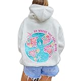 Keliholiyu Women Teen Girls Preppy Hibiscus Graphic Hoodies Long Sleeve Oversized Embroidery Flower Sweatshirt Top Y2K Pullover Coastal Beach Hooded Cute Summer Fall Clothes