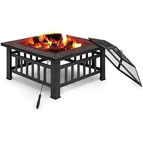 MoNiBloom 32" Outdoor Fire Pit Table Wood Burning Fireplace Backyard Patio Firepit Desk with Grill Spark Screen Cover for Outside Beach Camping Picnic, Black Cover
