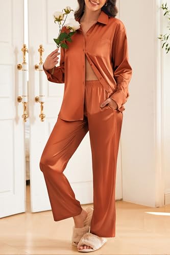 Ekouaer Womens Satin Silky Pajama Set 2 Piece Print PJs Soft Loungewear Button Down Sleepwear with Elastic Waist Long Pants