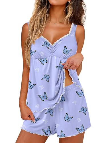 Image of Ekouaer Womens Pajama Sets 2 Piece Cute Pj Set Lace V Neck Tank Top and Shorts Sleepwear Soft Sexy Lingerie Bridal Nightwear