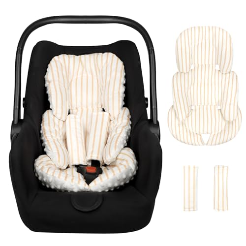 Image of Infant Car Seat Insert, Car Seat Head Support Baby Girls Boys, Soft & Reversible Newborn Carseat Insert Cushion with 2 Strap Covers, for Stroller, Swing, Bouncer (Brown Line)