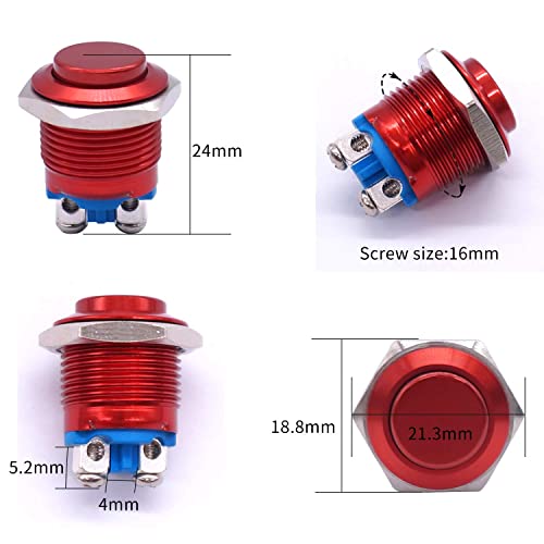 Taiss 2Pcs Momentary Push Button Switch Spst 16Mm Metal High Round Red Waterproof Pushbutton Switches 1No 3A/12-250V For Industrial Car Switch G-M16R #TOP1