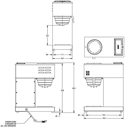 Technical drawing with dimensions of the BUNN VPR-2GD Commercial Coffee Brewer