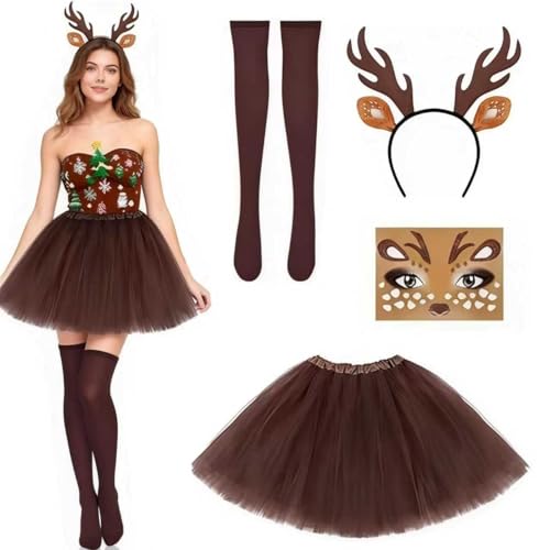 Ayucanpeng Disfarce de chifre para mulher, conjunto de fantasia de veado para mulher, diadema reno, tatuagem rosto, saia Tutu, meia, para carnaval, Natal, festa
