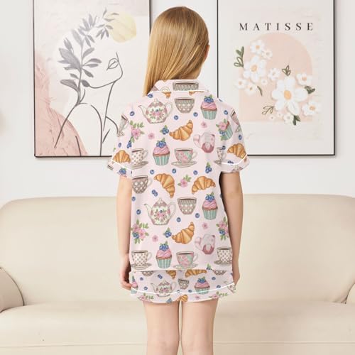 Satin Pajama Sets Short Sleeve Tea Time Sweet Treats Button Down Silky Nightwear 2 Piece PJS 5-14Y4