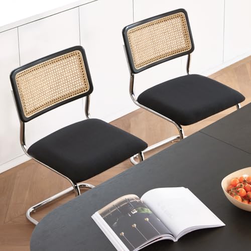 GrandNoor Black Chrome Rattan Dining Chairs Set of 2, Wooden Mid-Century Modern Kitchen Chairs, Mesh Back Cane Dining Room Chairs, Cesca Design Chair with Metal Chrome Legs
