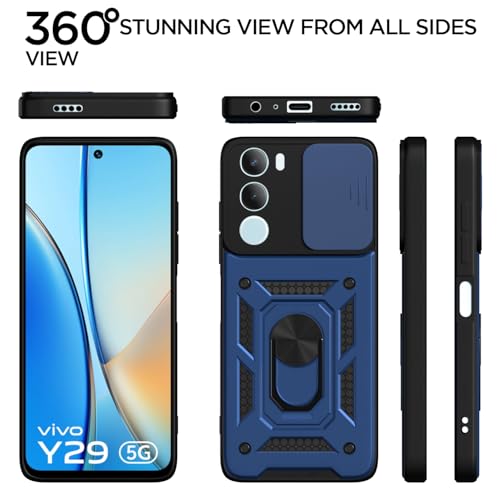 Image of Pikkme Back Cover for Vivo Y29 5G / Vivo Y19s 5G | 360 Protection Case | Sliding Camera Shield Cover & Ring Holder Stand D10 Tough Armor Bumper Case (Blue)