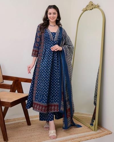 Image of ANNI Designer Women's Pure Cotton Anarkali Kurta Set for Women with Dupatta & Plazzo - Hand Block Print Suit Set | Stylish Dress | Cotton Kurta Set for Women