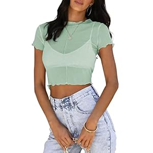 Allytok Mesh Crop Tops for Women Summer Short Sleeve Crewneck Sheer See Through Y2K Tee Shirts