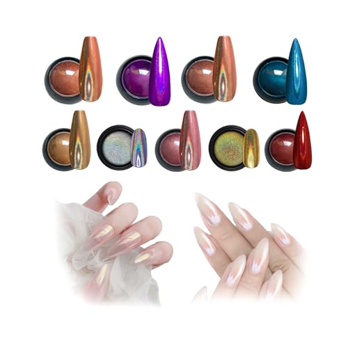 White Chrome Nail Powder, Magic White Pearl Rainbow Aurora Powder, Metallic Mirror Glitter, Suitable for Nail Polish, mica Rainbow Nails (9 colors)