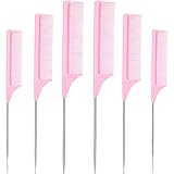 Pink Rat Tail Comb Fiber Teasing Combs Rat Tail Lifting Combs Styling Combs, Carbon Fiber and Stainless Steel Pintail for Hair Salon or Home Supplies (6 Packs)
