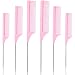 Pink Rat Tail Comb Fiber Teasing Combs Rat Tail Lifting Combs Styling Combs, Carbon Fiber and Stainless Steel Pintail for Hair Salon or Home Supplies (6 Packs)