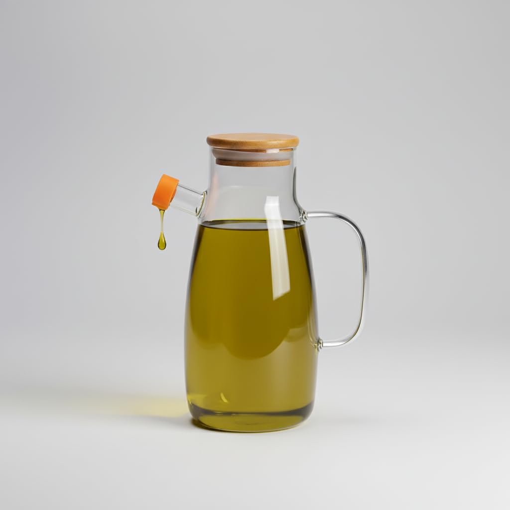 Deconox Borosilikat Cam Yağlık - Bambu Kapaklı ve Ölçü Çizgili Sirkelik | Damlatmaz Ağızlı, Isıya Dayanıklı, Kurşunsuz Yağdanlık (1000 ml)