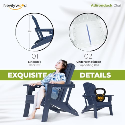 nevilywood Folding Adirondack Chair - Extended Ergonomic Backrest, Cup Holder - Easy Assembly - Durable HDPE Plastic, Weather Resistant & Maintenance-Free - Lawn, Patio, Deck Supports 380lbs NavyBlue - Thumbnail 5