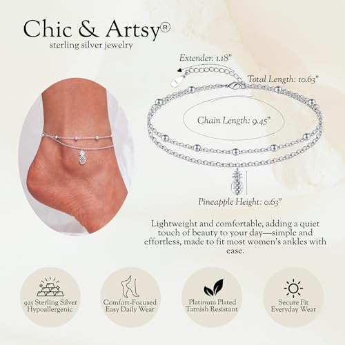 Image of CHIC & ARTSY 925 Sterling Silver Ankle Bracelets for Women, Adjustable Layered Foot Chains with Nature & Symbol Charms, Lightweight Comfort Fit Boho Beach Everyday Jewelry