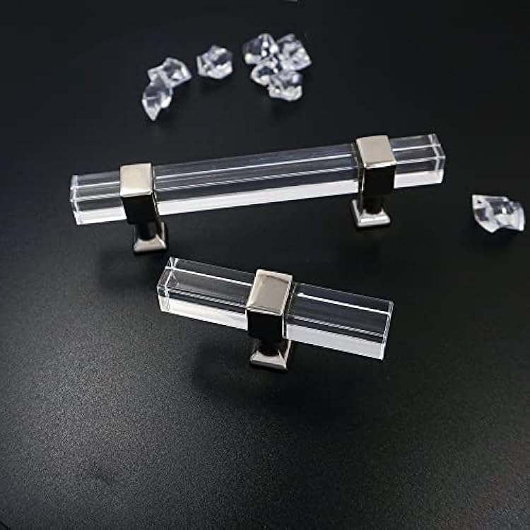 LBFEEL Square Acrylic Knob Cabinet Pulls Furniture Handles Clear Lucite Drawer Pulls Silver Crystal Dresser Knobs Kitchen Cupboard Door Knobs Pull (1, 4 Hole Centers)