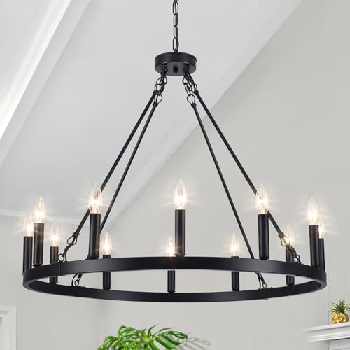 32'' Large Wagon Wheel Chandelier, 12-Light Farmhouse Black Chandelier for