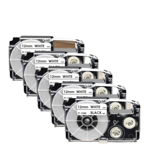 5PK 12mm ���x���e�[�v Mol XR-12WE XR-12RD XR-12BU XR-12YW XR-12GN KL-120 KL-820 ���x�����[�J�[�ɑΉ�(5PK Black on White)