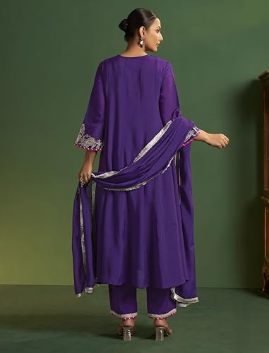 Image of Arangya Chanderi Embroidere Kurta Set with Dupatta for Women l Elegant Ethnic Wear with Intricate Neck Work Festive Suit