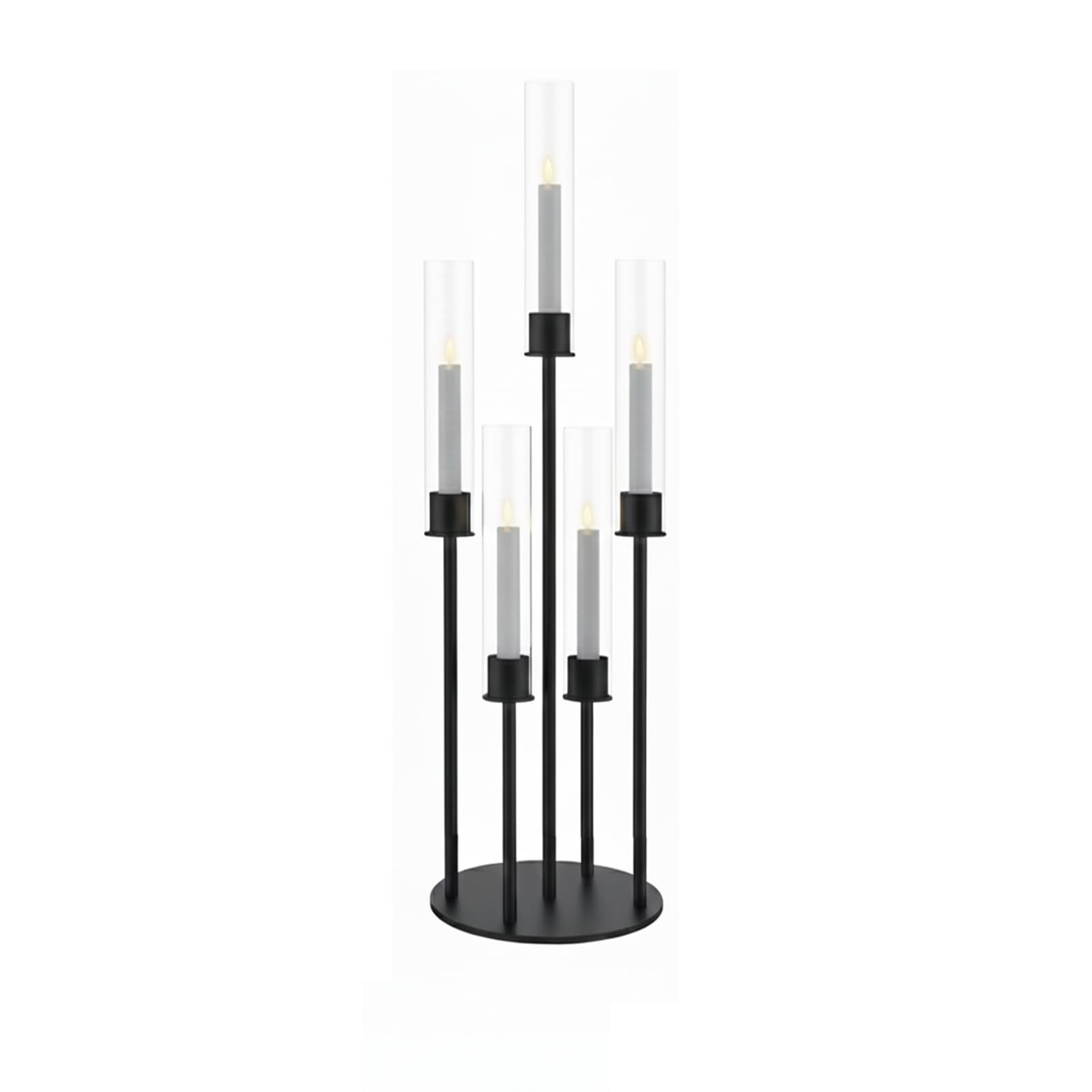 5 Arm Taper Candle Holder with Clear Acrylic Shades, Candelabra Centerpiece, Metal Candlestick Holder, Candle Stand for LED Taper Candles (1, Black (exclude led Candles), 33.5'' x 7.87'')