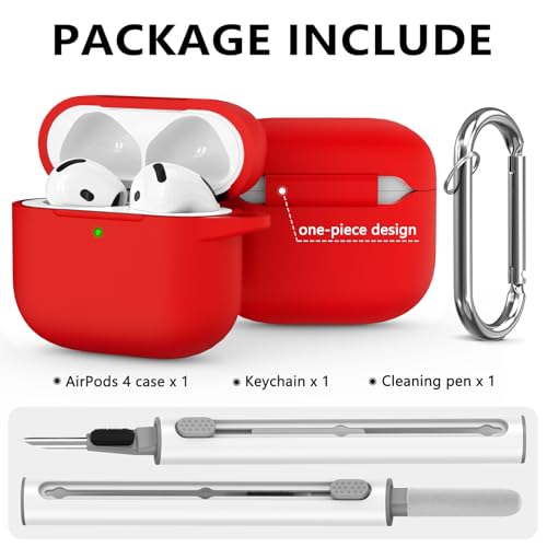 Ljusmicker AirPods 4 Case Cover 2024 - Soft Silicone, Shockproof, Red with Cleaner Kit & Keychain - 6
