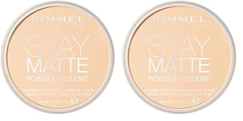 Rimmel London Stay Matte Pressed Powder, formula minerale per un effetto di lucentezza di lunga durata, luce di pesca, 14 g1 Cipria, Colore Trasparente, g (Confezione da 2), 001 TRANSPARENTE