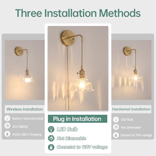 Image of Shenmoyl Vintage Wall Sconce with Clear Lily of the Valley Glass Shade Hanging Wall Sconce with 4.9FT Plug in Cord, Modern Wall Lamp Fixtures Decor for Bedside Bedroom Indoor Doorway