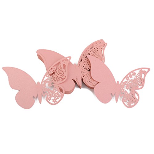 Lot de 50 marque-places en papier avec motif papillon, décoration de table de mariage, 11 x 7 cm (rose)