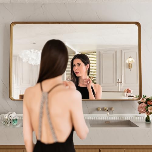 LOAAO 60X40 Inch Bathroom Mirror with Wood Grain Colored Metal Frame, Rounded Rectangle Metal Framed Bathroom Mirror, Anti-Rust, Hangs Horizontally or Vertically, Tempered Glass