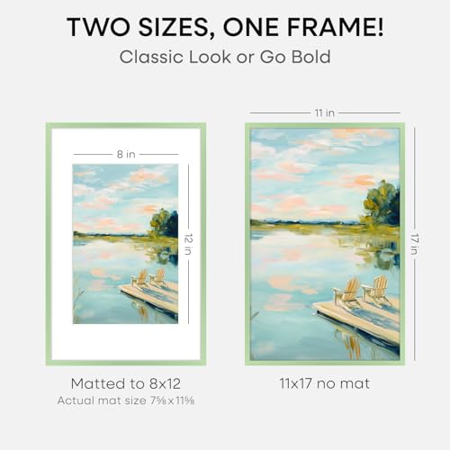 Image of Homeforia 11x17 Picture Frame Sage Green, High End Metal 11x17 Poster Frames with Mat 8x12 Photo, 11 x 17 Sage Green Frame Matted to 8 by 12 Art, 17x11 Thin Frames, Tempered Glass, Wall Kit, Set of 1