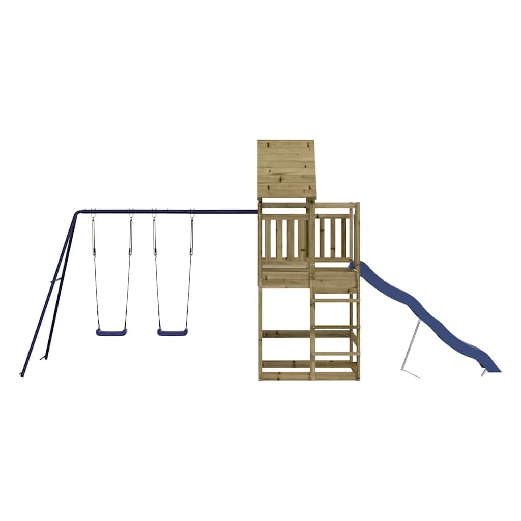 Spielturm aus imprägniertem Kiefernholz mit Wellenrutsche, Doppelschaukel, Sandkasten und Klettergerüst für Garten, Outdoor Kinderspielplatz mit sicherem Holzgeländer und stabilem Rahmen