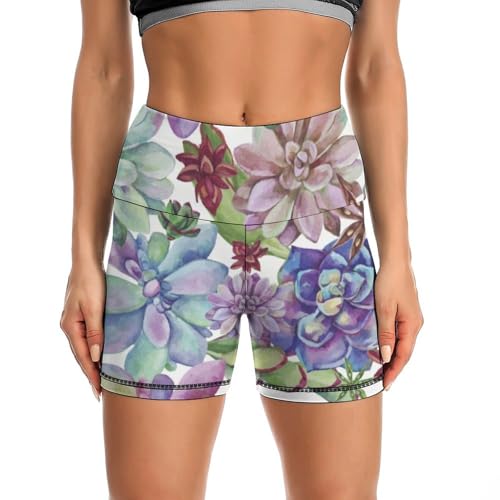 JYYAU Colorful Succulent Pattern High Waist Yoga Shorts for Women Athletic Shorts Leggings Running Pants
