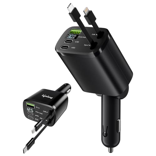 Image of Lifelong Electronics 5-in-1 Car Charger Adapter | 2 Retractable Cables (Type-C & Lightning) + 3 Ports (USB A + 2 Type C) | LED Display | Flexible Head | Charging for iPhone, Android & All Devices