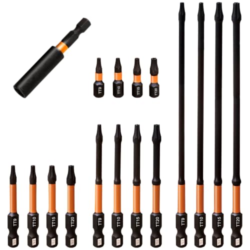 RYANNER 16pcs Impact S2 Steel Security Torx Bit Set-TT9,TT10,TT15,TT20 | Tamper Proof Star with CNC Machined Tips, 1″,2″,3″,6″ Long Impact Bits with Extension Bit Holder and Storage Box