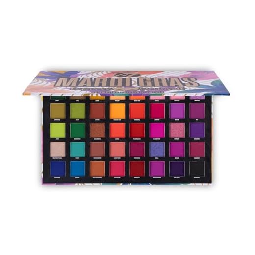 W7 Mardi Gras Pressed Pigment Palette - 40 High Impact Party Colors - Flawless Long-Lasting Bold Makeup