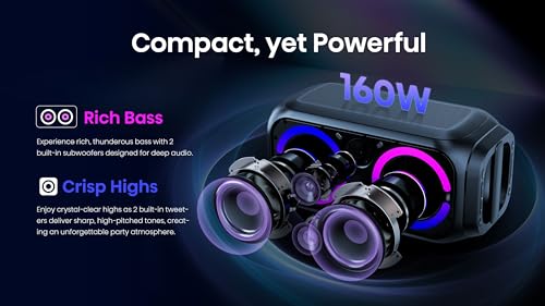Hisense Party Rocket 160, 160 W Max Audio Power, 12 Hours Battery Life, TWS Pair Play, Karaoke Mode, 5 Light Effects, Vocal Fader, IPX4 Waterproof, Bluetooth 5.0