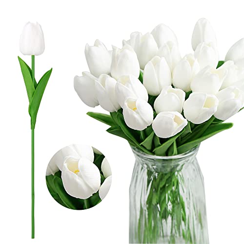 Ipopu 24Pcs White Tulips Artificial Flowers Real Touch White Fake Tulips White Flowers Artificial For Decorations Centerpieces For Table Home Decor Indoor Flower Arrangements Artificial (White) #TOP3